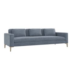 a blue couch with wooden legs on a white background