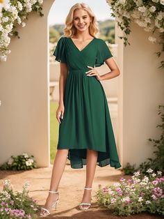 Chic V Neck Asymmetrical Hem Ruffles Sleeve Pleated Chiffon Wedding Guest Dress #color_Dark Green Cute Knee Length Dresses, Wedding February, Midi Wedding Guest Dress, Dancesport Dresses, February Wedding, Romantic Garden Wedding, Casual Maternity, Pleated Chiffon, Ever Pretty