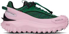 Low-top paneled nylon ripstop and buffed leather sneakers in green and pink. Reflective trim throughout. · Waterproof GORE-TEX® membrane · Cord-lock lace-up closure · Pull-loop at padded tongue and heel · Padded collar · Logo printed and embossed at heel · OrthoLite® insole · Mesh lining · EVA foam rubber midsole · Treaded Vibram® Megagrip rubber outsole Supplier color: Pink/Green Sneakers Multicolor, Logo Shoes, Waterproof Sneakers, Hiking Sneakers, Mens Designer Shoes, Nursing Shoes, Waterproof Shoes, Sneakers Grey, Green And Pink