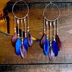 Gorgeous Feather Earrings Blue And Brown Feathers Nwot Feather Earrings Diy, Wire Jigs, Beach Jewelry Boho, Pheasant Feathers, Earring Making, Earrings Diy, Beach Boho, Feather Jewelry, Blue And Brown