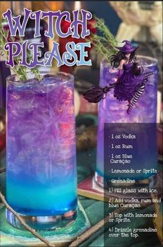 Witchy Cocktail Recipe for Halloween Party. Halloween drinks. Purple punch. PJ witch alcohol beverage. Spooky cocktails. Hogwarts cocktail. Potions class. Vodka, rum, curacao, grenadine. Magic cauldron drink. Wallpaper Food, Halloween Fest