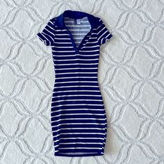 Never Worn Without Tags, Navy Blue And White Striped Collared Preppy/Summer Dress. Super Cute V-Neck Perfect With Sandals Or Wedges Or Sneakers, Depending On The Look You Are Going For! Navy V-neck Mini Dress For Spring, Striped Fitted V-neck Mini Dress, Navy Fitted Mini Dress With V-neck, Navy Fitted V-neck Mini Dress, Fitted Navy V-neck Mini Dress, Navy Mini Dress For Summer, Striped Fitted Cotton Mini Dress, Fitted Striped Cotton Mini Dress, Fitted Blue H&m Dress