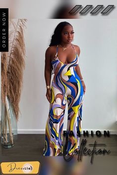 Halter Neck Backless High Waist Straight Jumpsuit Casual Halter Neck Bodysuit For Beach Season, Chic Multicolor Strapless Jumpsuit For Summer, Chic Multicolor Strapless Jumpsuit For Spring, Chic Multicolor Jumpsuits And Rompers For Vacation, Casual Halter Neck Bodysuit For Party, Multicolor Stretch Jumpsuits And Rompers For Beach, Chic Multicolor Strapless Jumpsuit, Stretch Multicolor Jumpsuits And Rompers For Beach, Chic Multicolor Jumpsuits And Rompers For Party