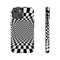 an iphone case with black and white checkerboard pattern on the front, back and sides