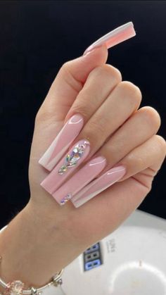 French Fade Nails, Luv Nails, Casual Nails, Long Square Acrylic Nails, Bling Acrylic Nails, Square Acrylic Nails, Dream Nails