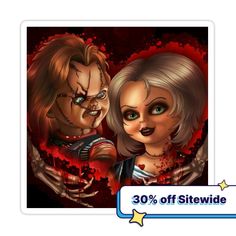 Decorate laptops, Hydro Flasks, cars and more with removable kiss-cut, vinyl decal stickers. Glossy, matte, and transparent options in various sizes. Super durable and water-resistant. Chucky And Tiffany Wallpaper, Tiffany Wallpaper, Chucky And Tiffany, Chucky Tiffany, Horror Cartoon, Cross Pictures, Cute Pink Background, Bride Of Chucky, Movie Wallpapers