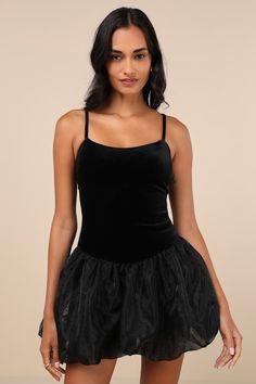 Get ready to charm your way through the event in the Lulus Coquette Energy Black Polka Dot Velvet Drop Waist Mini Dress! Stretchy, plush velvet shapes adjustable spaghetti straps and a figure-hugging bodice with a flattering scoop neckline. Drop-waist silhouette continues into a puffy skirt with velvet polka dots, hidden tulle for volume, and a darling bubble-style mini hem. Hidden zipper/clasp at back. Fit: This garment fits true to size. Length: Mid-thigh. Size medium measures 27.5" from adjus Coquette Energy, Mini Dress Velvet, Old Hollywood Dress, Anniversary Dress, Hollywood Dress, Puffy Skirt, Bubble Style, Casual Formal Dresses, Dress Velvet