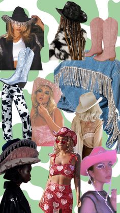 collage of women wearing hats and clothing with different designs on them, including one woman's hat