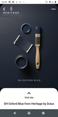 a blue paintbrush and some other items on a black background with the words d'oxford blue from heritage by duux