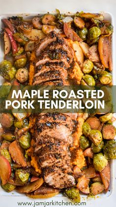 Maple roasted pork tenderloin Sheet Pan Pork Tenderloin Jeff Mauro, Pork Tenderloin With Apples And Sweet Potatoes, Sheet Pan Roast Pork Tenderloin, Instant Pot Pork Loin With Apples, Sheet Pan Pork Tenderloin With Brussel Sprouts, Fall Pork Tenderloin Recipes Crockpot, Pork Loin One Pan Meal, Fall Pork Dishes, Apple And Pork Recipes