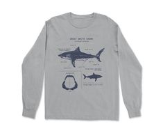 Great White Anatomy Long Sleeve || Shark Lover Gifts || Marine Biology Shirt || Wildlife Long Sleeve Cool Long Sleeve Shirts, Long Sleeve T Shirt Design, Long Sleeve Cotton Shirt With Graphic Design, Cotton Long Sleeve Shirt With Graphic Design, Long Sleeve Cotton T-shirt With Printing, Graphic Tee Long Sleeve Pre-shrunk Shirt, Pre-shrunk Long Sleeve White Shirt, Pre-shrunk White Long Sleeve Shirt, Long Sleeve Graphic Tee Shirt