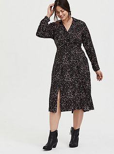 Black & Pink Leopard Heart Challis M-Slit Midi Dress, HEARTS - BLACK Spring Business Casual, Challis Fabric, Drawstring Dresses, Belted Midi Dress, Maxi Jersey Dress, Black Tie Dye, Trapeze Dress, Mini Skater Dress, Hair Stuff