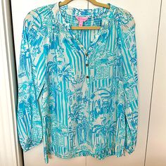 Lilly Pulitzer 100% Silk Blouse. Never Worn. Smoke Free Home Long Sleeve Summer Blouse In Blue, Blue Long Sleeve Summer Blouse, Blue Printed Beach Blouse, Silk Long Sleeve Blouse, Vintage Lilly Pulitzer, Blue Floral Blouse, Gold Blouse, Striped Long Sleeve Shirt, Pink Linen