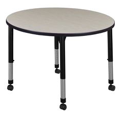 a round table with two wheels on the bottom and one leg up to it's center