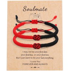 PRICES MAY VARY. 💟◤RED STRING COUPLE BRACELETS◢——Concentric knot element design, 2 bracelets matched to form a pair. Symbolizes happiness, luck and protection. It is the most meaningful Valentine's gift. 💟◤COUPLE GIFTS◢——A variety of colors to choose from, paired with "Soulmate" text blessing cards. You can give it to yourself, your boyfriend, your girlfriend, your wife, your husband, your good friends, your parents on Valentine's Day, Christmas, birthdays, and anniversaries. 💟◤GOOD WISHED IM Couple Boyfriend, Beautiful Meaning, Cute Origami, Element Design, Red String, Red Bracelets, Couple Bracelets, I Love You Forever, Black Bracelets