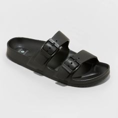 Update your summer wardrobe with the cool and casual look of these comfy Neida EVA Two-Band Slide Sandals from Shade & Shore™. These simple yet stylish slip-on sandals feature 100% plastic construction for a squishy feel underfoot and a surface that easily wipes clean. Great for wearing in your garden, on your deck or even to the pool, these open-toe sandals feature a double band on top with two buckles, all in a single color for a chic twist on a classic design. Beach Socks, Heeled Chelsea Boots, Plastic Heels, Plastic Shoes, Black Slides, Shades For Women, Footbed Sandals, Studded Sandals, Jelly Sandals