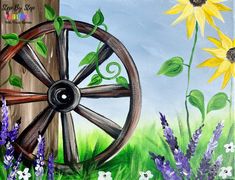 a painting of an old wagon wheel and wildflowers in the grass near a wooden post