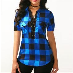 Cute Form Fitting Plaid Lace Up Front Top, Perfect In Time For The Rodeo If You Need Something Bright To Wear! Sku 011 Top Rated Seller Fast Shipping Light Blue Short Sleeve Blouse For Fall, Fall Light Blue Short Sleeve Blouse, Blue Short Sleeve Blouse For Fall, Plaid Shirt Women, Laced Up Shirt, Trendy Tops For Women, Plaid Shirts, Mode Jeans, Plaid Blouse