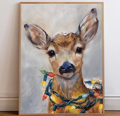 a painting of a deer with christmas lights around its neck