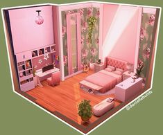 a pink bedroom with green walls and wooden flooring is featured in the video game barbie's dreamhouse