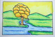 a drawing of a tree on the side of a river with mountains in the background