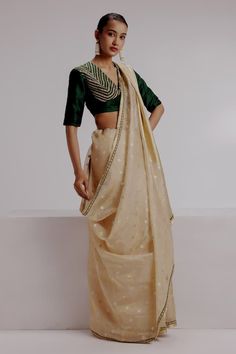 Multicolour banarasi saree featuring woven buttis and thread embroidered border. Comes with embroidered blouse and petticoat. - Aza Fashions Elegant V-neck Choli With Resham Embroidery, V-neck Blouse Piece For Diwali Reception, Elegant V-neck Traditional Wear With Pallu, Pre-draped Banarasi Silk Saree With Cutdana For Reception, V-neck Saree For Reception And Festivals, Silk V-neck Traditional Wear For Wedding, Traditional Silk V-neck Choli, Festive V-neck Saree With Dupatta, Elegant Lehenga With Zari Work And V-neck