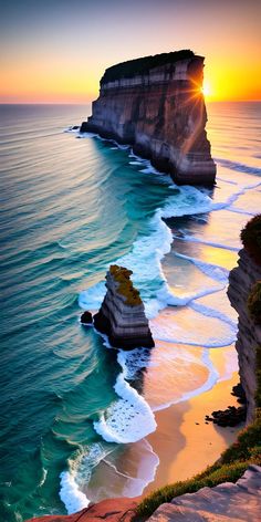 the sun is setting over the ocean with cliffs in the foreground and waves crashing on the shore