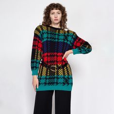 Vintage early 90s long sweater with a teal, red, yellow, black and blue plaid pattern. It has shoulder pads which can be easily removed with a seam ripper if desired. Measurements and Condition: Fits like: Labeled women's small Fabric: Cotton knit Brand: Pinstripes Petites, made in USA - copyright 1991 Condition: Very good, with light general wear Length: 28" Low chest: 39" to 44" Hem: 30" to 37" Shoulders (seam to seam): 21"  Sleeve: 18" Shown on a 5'8" model with measurements of 34"-26"-37", u Pin Up Swimsuit, Blue Plaid Pattern, Romper Swimsuit, Long Pullover, Prairie Dress, Long Sweater, Sweater Vintage, Pullover Sweater Women, Knit Pullover