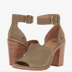 Ugg Aja Ankle Strap Sandal Color: Alp New Without Box Size: Women's 9 True To Size A Stacked Woodgrain Heel Adds Rustic-Chic Charm To A Warm-Weather Sandal In A Contemporary Silhouette Secured By An Adjustable Ankle Strap Open Toe Leather Construction Adjustable Ankle Strap With Buckle Closure Foam-Cushioned Footbed With Arch Support Approx. 3.5" Heel Materials Leather Upper, Manmade Sole Pricing Won’t Be Discussed In Comments, Please Use Offer Button If Interested. No Trades. Casual Ankle Strap Heels Medium Width, Ankle-high Suede Sandals For Summer, Casual Heels With Stacked Heel And Ankle Strap, Casual Adjustable Block Heel Shoes, Casual Adjustable Block Heels, Casual Suede Heels With Ankle Strap, Shoes Ugg, Rustic Chic, Womens Uggs