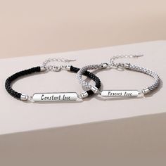 This Engraved Name Plate Promise Bracelets Set for Couples is a best and affordable distance relationship Anniversary, Christmas and Birthday Gift for Him and Her. Material: Anti-allergic 3 Layer 14k White Gold Plated 925 Sterling SilverConstant Love Bracelet length: 17+4cmForever Love Bracelet length: 15+4cmPersonalization: Back of the Bracelets can be custom engraved in any language.Package includes: 2 x Bracelets + 1 Exquisite Gift Box + 1 Gift Card Silver Braided Bracelets For Valentine's Day Gift, Couples Silver Beaded Bracelets Gift, Silver Braided Bracelet For Valentine's Day Gift, Silver Beaded Bracelets For Couples Gift, Personalized Silver Friendship Bracelets For Gift, Personalized Silver Friendship Bracelets Gift, Valentine's Day Silver Couples Friendship Bracelets, Personalized Silver Friendship Bracelets For Anniversary, Personalized Silver Friendship Bracelet For Anniversary