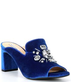 From Alex Marie&#x2C; the Effie Velvet Oversized Jewel Dress Sandals feature:Velvet upperRhinestone detailingSlip on designSynthetic liningRubber outsoleApprox. 2.7" heel heightImported. Dress Mules, Velvet Mules, Velvet Sandals, Jewel Dress, Alex Marie, Flat Mules, Kurt Geiger, Dress Sandals, Dillard's