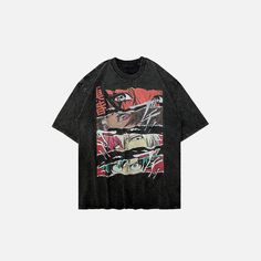 Front view of the black Neon Anime Face-Off T-shirt in a gray background Neon Anime, Y2k Grunge Aesthetic, Aesthetic Neon, Hip Hop Fashion 90s, 90s Y2k Fashion, 90s Hip Hop Fashion, Backless Bodycon Dresses, Aesthetic Streetwear, Vintage Crop Tops