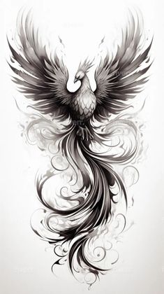 a black and white drawing of a bird with swirls on it's wings