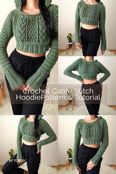 a woman wearing a green cabled sweater and black pants with her hands on her hips