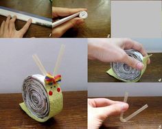 four pictures showing how to make a snail ornament