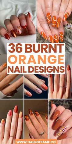 Cozy up this fall with burnt orange nail designs! These 36 warm, autumnal looks are perfect for adding a seasonal touch to your style in 2023. Say hello to the coziest nail trends of the year!	fall nail ideas | burnt orange nail designs fall | burnt orange nail designs coffin | burnt orange nail designs summer | burnt orange nail designs almond | burnt orange nail designs short | burnt orange nail art designs | orange nail designs simple | orange nail designs with flowers Burnt Orange Halloween Nails, Orange Fall Nails Short, Burnt Orange Nails Designs Fall, Fall Nails Burnt Orange, Burnt Orange Nail Ideas