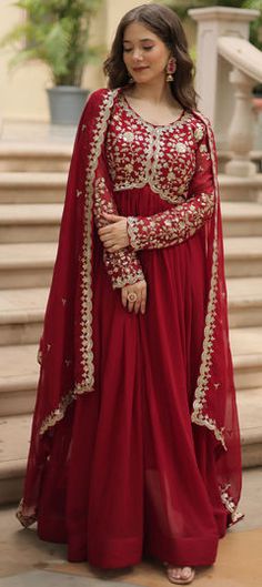 Red and Maroon color Gown in Georgette fabric with Embroidered, Sequence, Zari work Engagement Reception, Reception Lehenga, Reception Gown, Waist Chain, Maroon Color, Georgette Fabric, Salwar Kameez, Party Wear, Lehenga