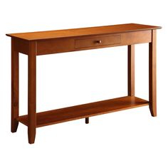 a wooden console table with two drawers on one side and an open shelf underneath it