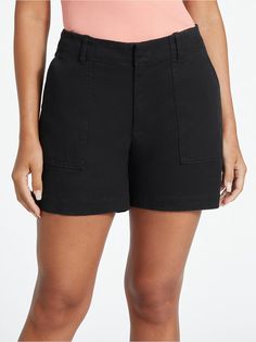 Lana Chino Shorts | GUESS Factory Trendy Shorts With Hip Pockets, Summer Shorts With Hip Pockets And 5-inch Inseam, Casual Workwear Shorts With Pockets, High Waist Shorts With Patch Pockets For Summer, Casual Spring Shorts With 5-inch Inseam, Casual Shorts With 5-inch Inseam For Spring, Casual 5-inch Inseam Shorts For Spring, Spring Solid Shorts With Hip Pockets, Solid Color Shorts With Hip Pockets For Spring