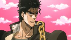 an anime character holding a chain in front of a pink and blue sky with clouds