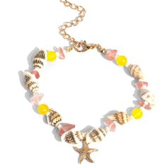 Infused Along An Invisible String, A Collection Of White Seashells, Pearly White Seed Beads, And Pink And Yellow Stones Coalesce Around The Wrist. A Gold Starfish Pendant Dangles From The Wrist For A Beachy Finish. Features An Adjustable Clasp Closure. Sold As One Individual Bracelet. Yellow Casual Jewelry For Vacation, Casual Yellow Jewelry For Vacation, Yellow Beach Jewelry For Vacation, Yellow Beach Jewelry For Spring, Yellow Jewelry For Beach Vacation, Yellow Jewelry For Beach Wear In Spring, Yellow Beach Season Jewelry For Vacation, Yellow Jewelry For Beach In Spring, Yellow Jewelry For Spring Beach Occasion