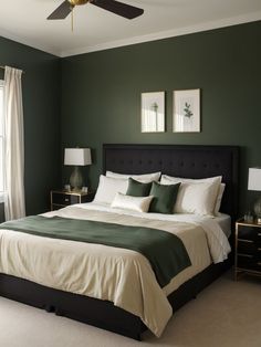 Sophisticated & Trendy: Dark Green Accent Wall Inspo! Black White And Forest Green Bedroom, Black And Green And White Bedroom, Black Room With Green Accents, Black White And Hunter Green Bedroom, Bedroom Inspirations Forest Green, Bed Back Wall Painting Design, White Bedroom With Dark Green Accents, Black Headboard Green Bedding, Black And Green Modern Bedroom