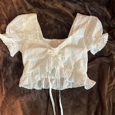 So Cute Never Worn Eyelets In Fabric Ruffles Ties In The Front White Frilly Top, Fabric Ruffles, Cute White Tops, Frilly Top, Shein Tops, Cute Fits, Ruffle Top, White Tops, Gift Baskets