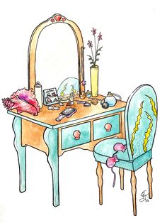 a drawing of a dressing table with a mirror and flowers on it, next to a blue chair