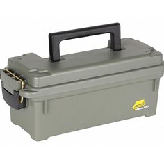 a gray tool box sitting on top of a white surface