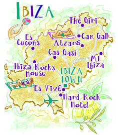 a map of ibiza with the names and cities