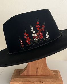 These hats feature large scale florals of your choosing. Examples shown are hollyhocks and two vintage inspired arrangements. Each of the hats in the Flora Series have been embroidered on the customer's hat of choice and with their input on colors for the embroidery. Submit a commission request form to discuss yours! Custom designs like these are in my level 3 price point at $400. Embroidered Fedora, Burning Hats, Embroidered Hats Ideas, Hats Ideas, Custom Jean, Custom Jean Jacket, Custom Shoes Diy, Painted Hats, Shoes Diy