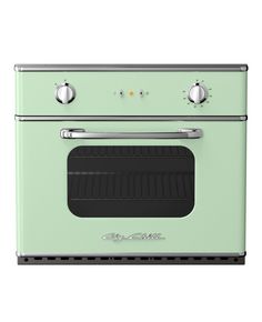 an old fashioned oven with two knobs on the front and one door open, in mint green