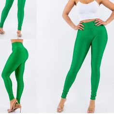 Polyester 82% Spandex 12% Small Medium Large Solid Stretch High Waist Leggings, Trendy Stretch Leggings For Sports, Trendy Sports Leggings With Stretch, Elastic Elastane Leggings, Green Stretchable Elastane Activewear, Stretch Green Tights For Yoga, Green Stretch Full-length Leggings, Green Stretch Activewear, Trendy High Stretch Full Length Leggings