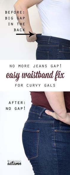 a woman with her hands on her hips and the words, no more jeans gap easy waistband fix for curvy gals